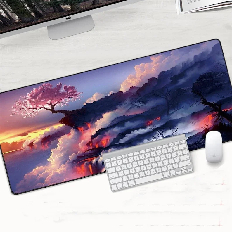 

Mountain Large Desk Pad, Cherry Blossoms Mouse Pad Gamer Large Lock Edge Soft Sakura Gaming Mousepad Mountain