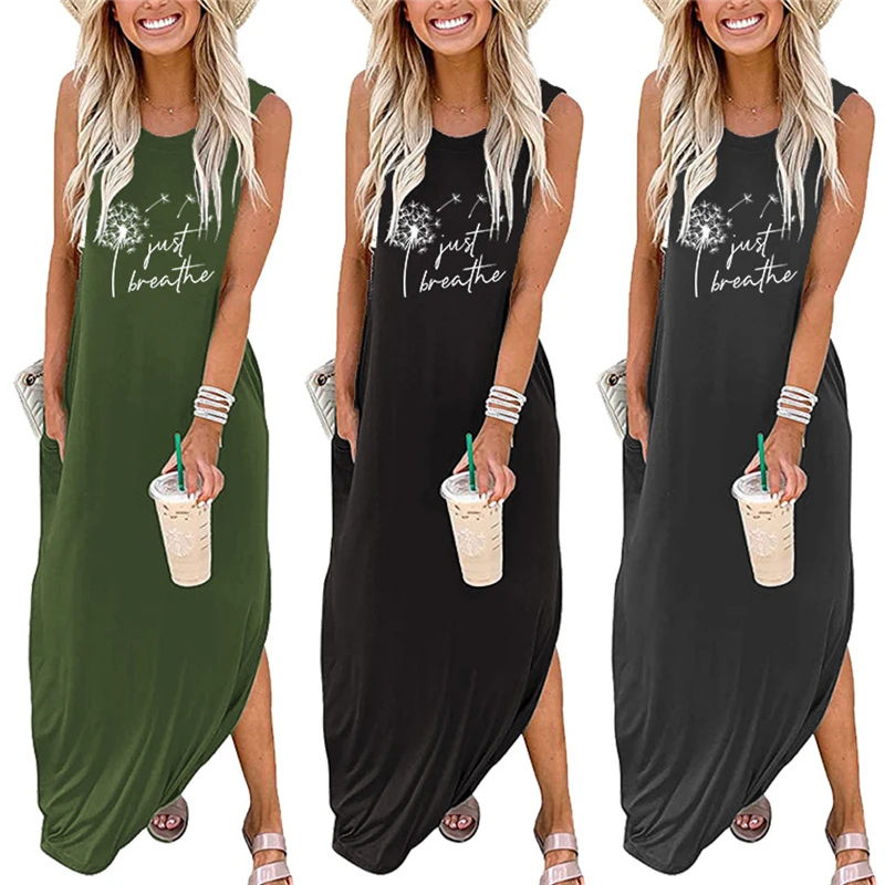 

Summer fashion women's dresses Casual sleeveless summer dresses Women's just breathe dandelion letter print street plus size top