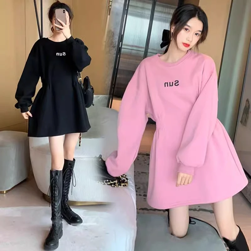 

Large size plush mid length women's autumn and winter new chubby mm waist slimming thickened dress