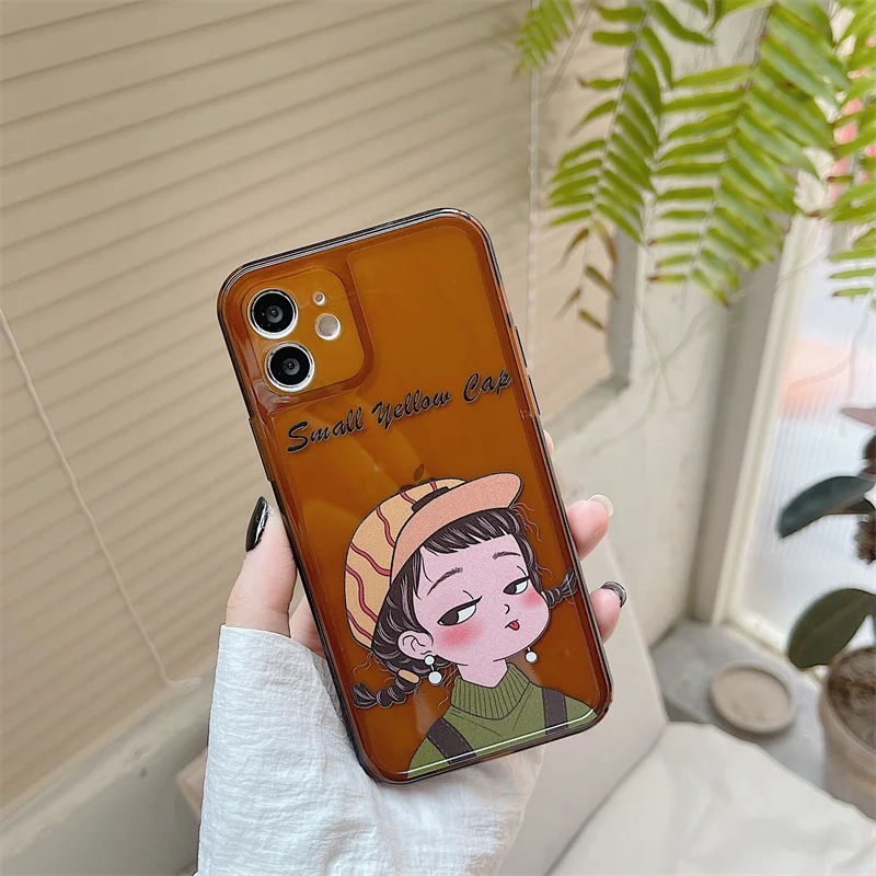

Fashion Personality Caramel Brown Full Edge Anti-drop Cartoon Girl Letter For iphone 11 12 13 Pro Max XR X 6 7 8 Plus Phone Case