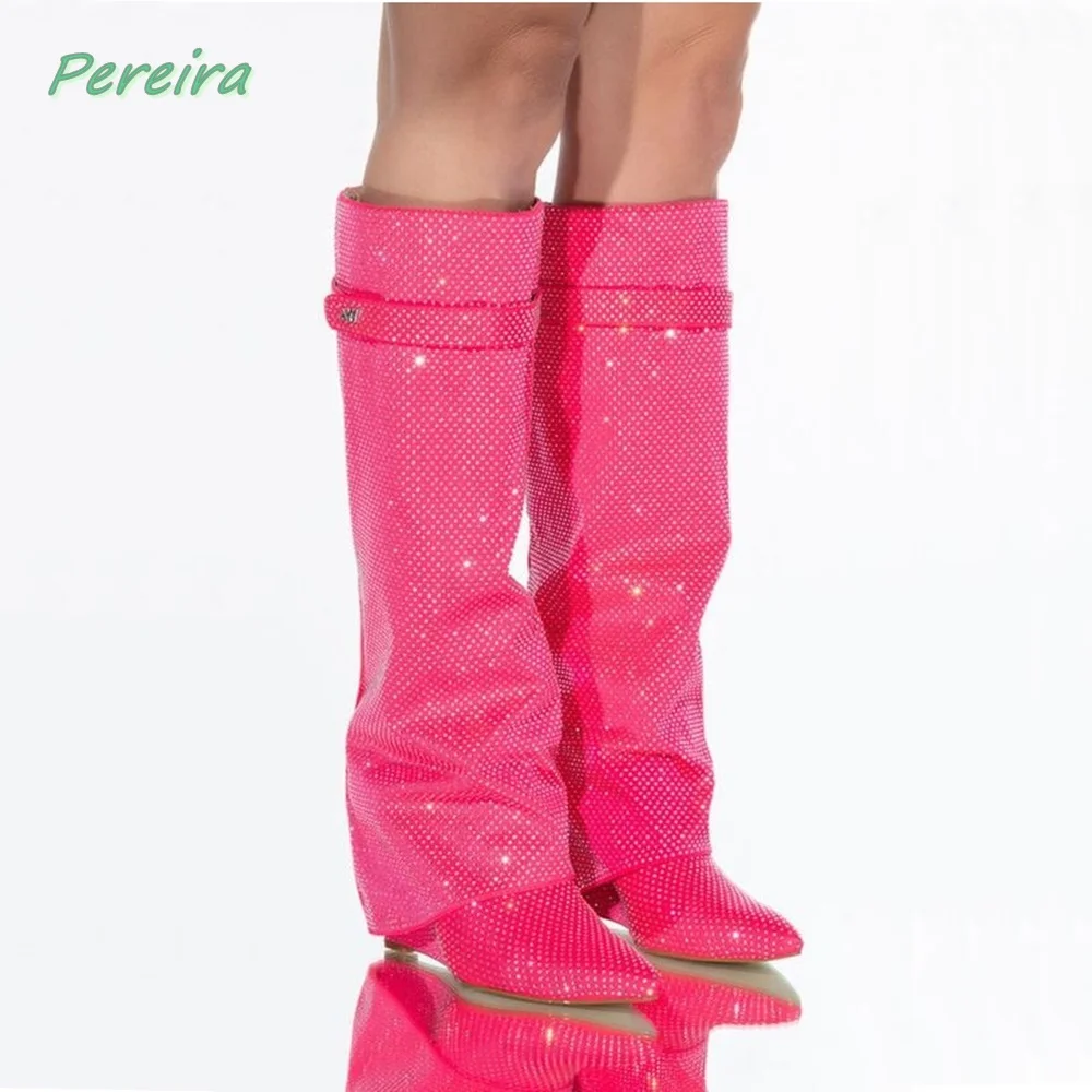 Rose Red Shiny Boots 2022 Women's New Arrival Luxury Brand Design Solid Pointed Toe Chunky Heel Catwalk Shoes For Free Shipping