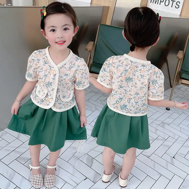 

New Girls Suit Casual Two-piece Suit Skirt Summer Kids Children's Retro Floral Shirt Short Skirt Little Girl Baby Foreign Style