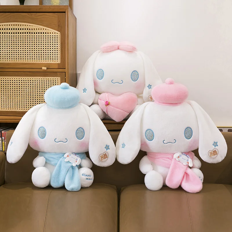 Фото Плюшевая игрушка Sanrio Cinnamoroll, белая собачка с блестящими глазами и синим шарфом, мягкая игрушка-плюш синего цвета. №5