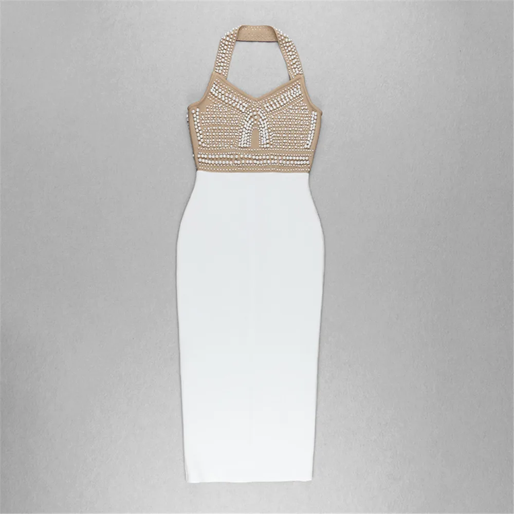 

Pearl Beading Bandage Dress for Women Black& White Color Halter Sexy Vestido Feminino Lady Evening Party Dresses