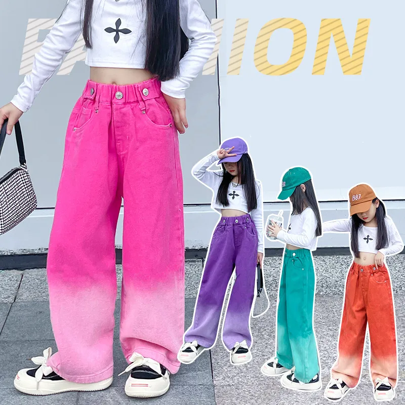 

Candy Color Girls Wide-leg Pants Loose Straight Gradient Jeans 2023 New Spring High Waist fashion Trousers Kids Denim Pants 12y