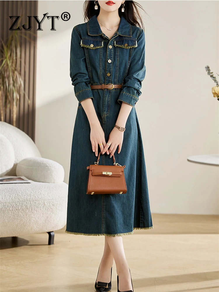 

ZJYT Street Fashion Autumn Midi Denim Dresses for Women 2023 Long Sleeve Turn Down Collar Casual Vestidos De Mujer Belt Robe