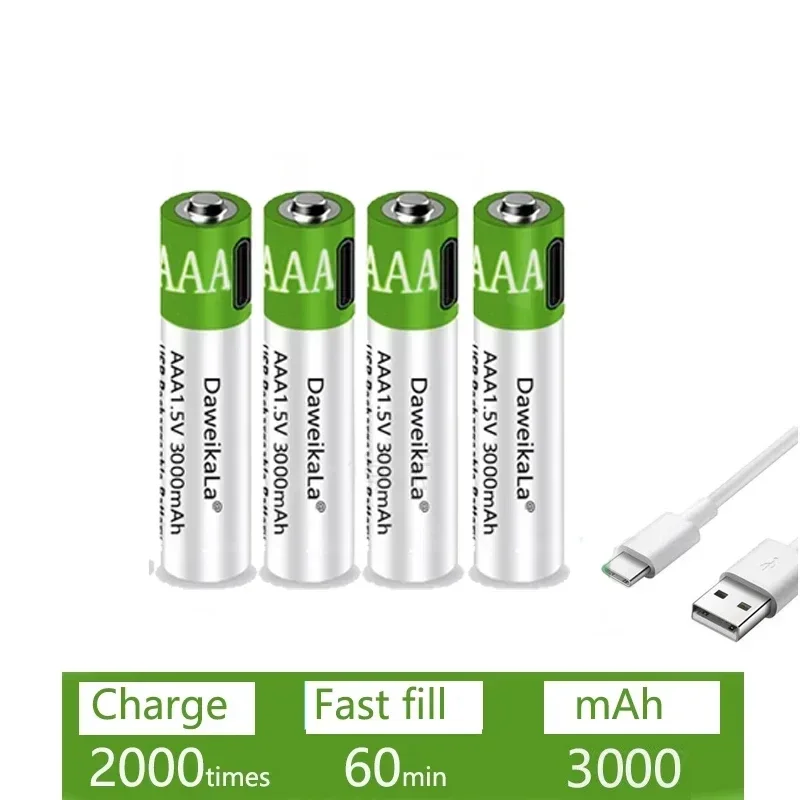 Фото Аккумуляторы USB AAA 1.5В 3000мАч литий-ионные для пультов ДУ, мышей, электрических игрушек + кабель Type-C №4