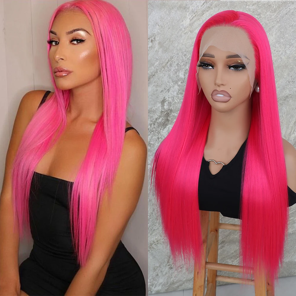 Apolaurel Ярко-розовый синтетический парик спереди со свободной частью длинный