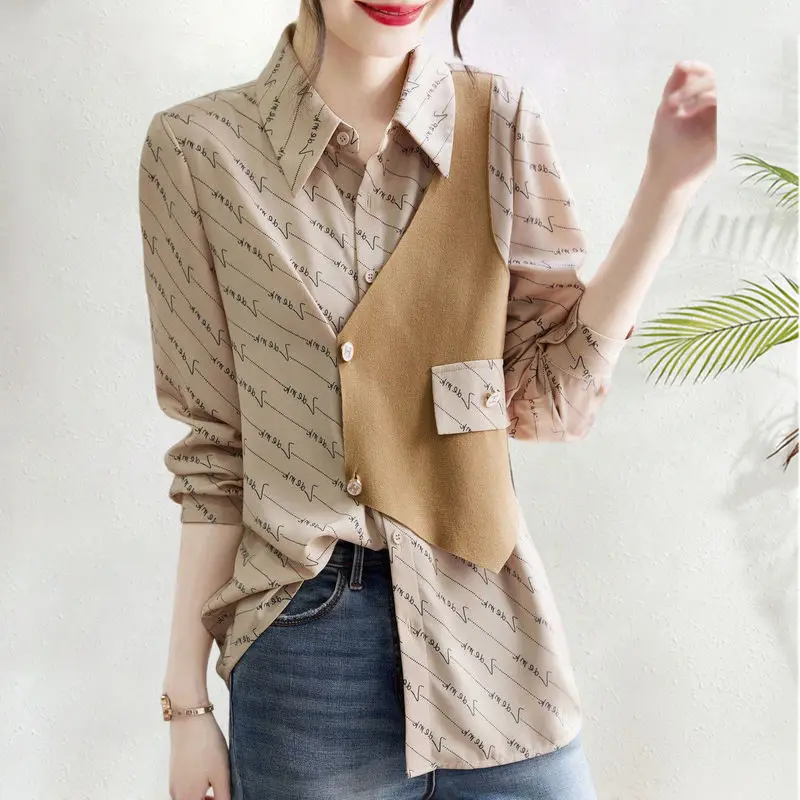 

Hikigawa Fake Two Pieces Chic Fashion Blouse Turn Down Collar Vintage Patchwork Shirt All Match Casual Blusas Mujer De Moda