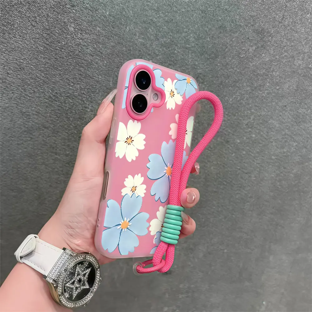 Фото Светло-голубой чехол для телефона с цветочным принтом для Samsung Galaxy S26 S25 S24 S23 S22 S21 Ultra Plus A55 A35 A34 с ремешком на запястье и шнурком №4