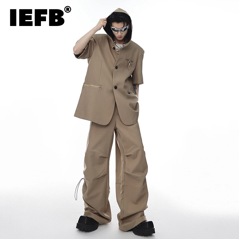 

Костюм IEFB мужской с коротким рукавом, модный блейзер с капюшоном, простые тонкие брюки с широкими штанинами, повседневный Модный комплект из двух предметов, 9C177, на лето