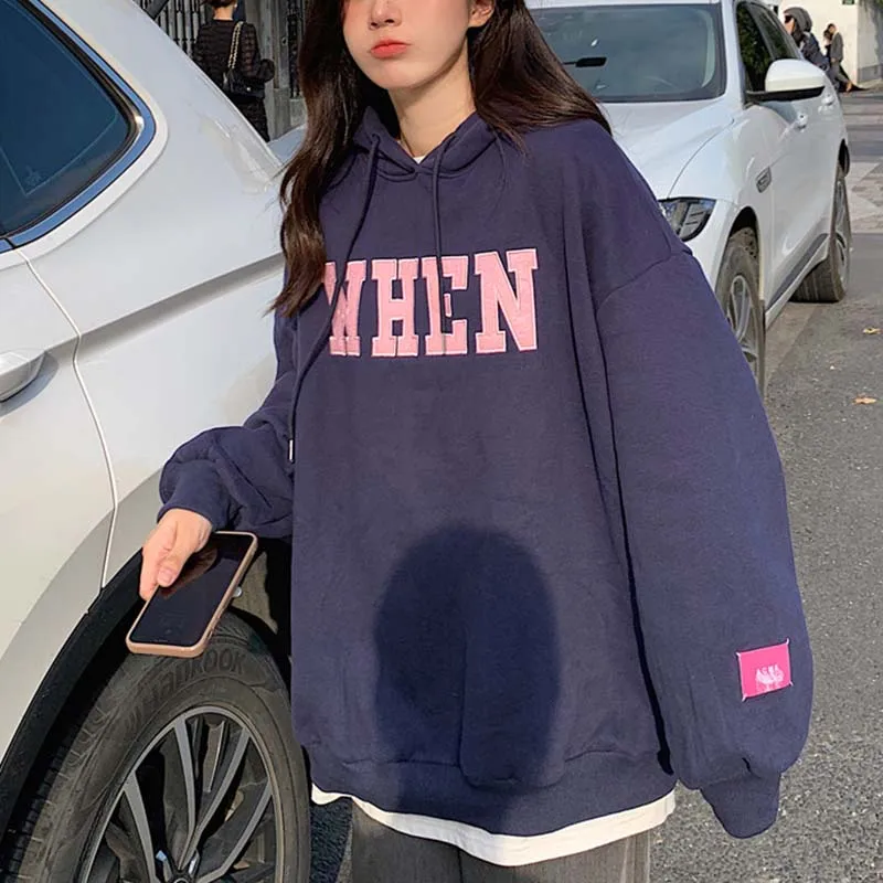 

DUOFAN Streetwear Hoodies Autumn Winter High Street Hip Hop Retro Harajuku Letter Print Pullover Fleece Women Hooded Sweatshirt