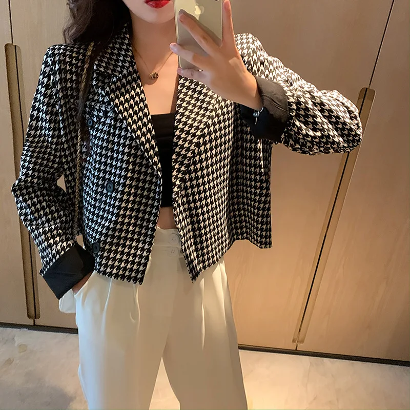 Fashion Houndstooth Blazer Suit Women Single Breasted All-Match Casual Office Blazer Office Lady 2021 New Commute Plaid Suit