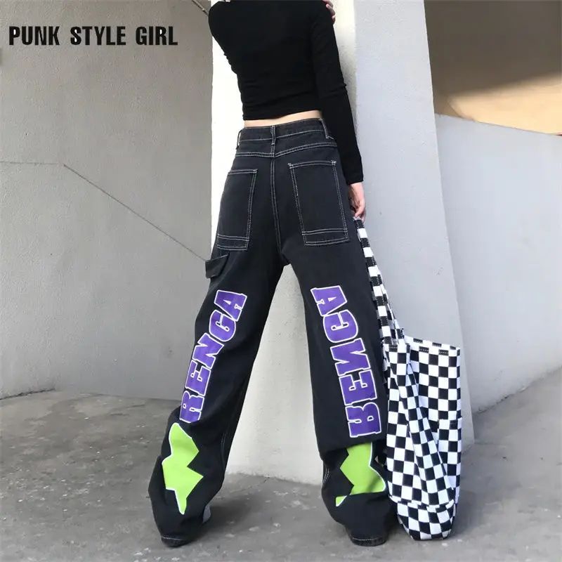 

Hippie Grunge Baggy Jeans Women Egirl High Street Letter Print Wide Leg Pants Anime Kpop Y2k Korean Denim Pants Urban Trousers