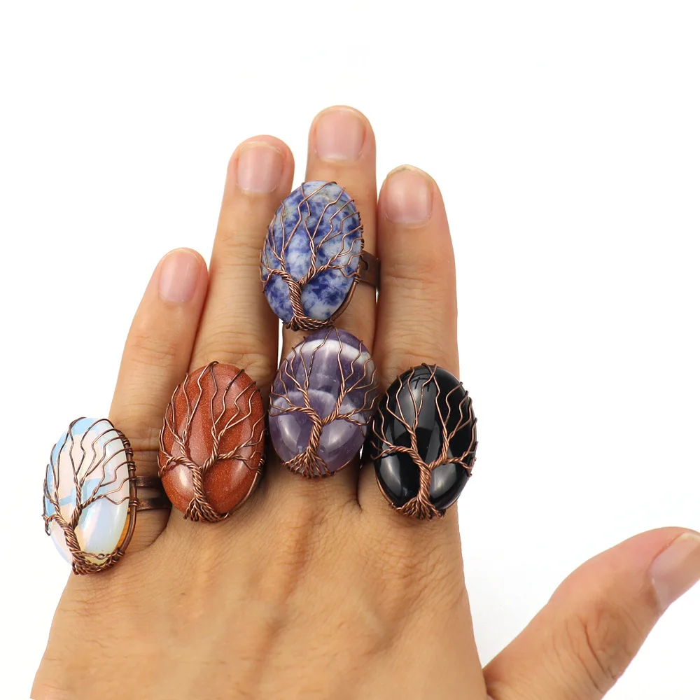

New Vintage Handmade Copper Wire Wrapped Oval Egg Agate Tree Of Life Ring For Women With Adjustable Opening Knuckle Ring R15