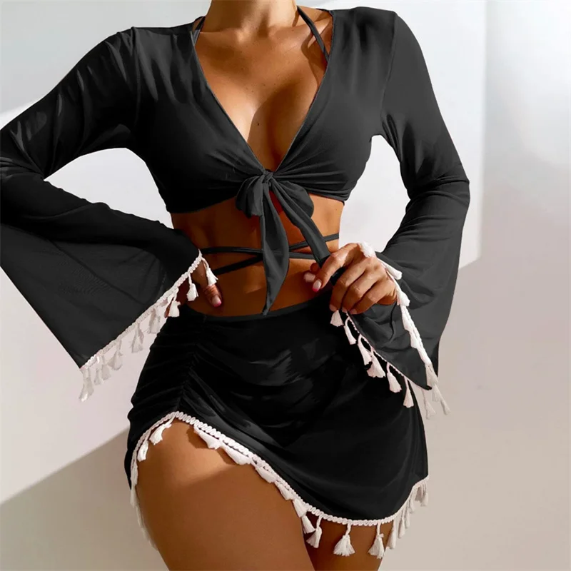 

Sexy 4 Piece Lace Up Bikinis Set Women Swimsuit with Skirt Swimwear 2023 New Female Push Up Bikini Solid Beachwear Bathing Suit