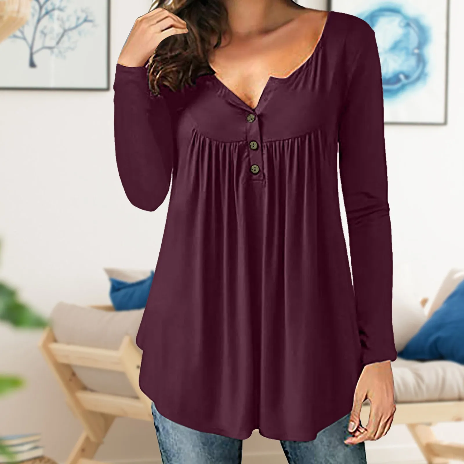 

High Quality Women Soild Printed Long Sleeve T-shirts Tunic Button Round Neck Causal New Clothing All Match 2022 Female