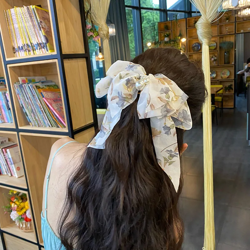 

Pop Floral Pattern Pleated Ribbon Ribbon Bow Diamond Word Clip Sweet Cute Lady Hair Accessory Streamer Pearl Hair Clip Jewelry