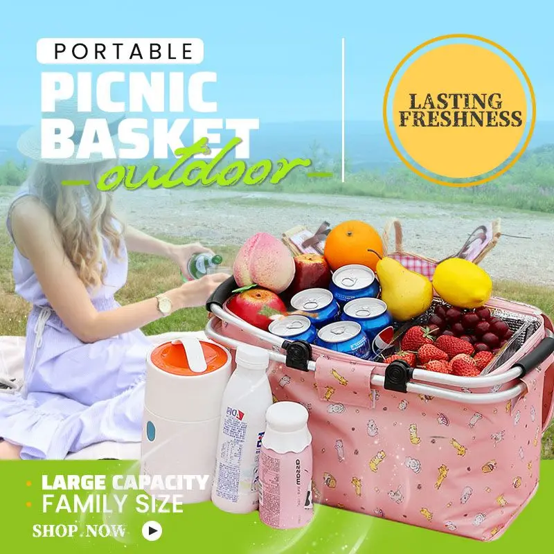 

Large Capacity Portable Outdoor Picnic Basket Camping Folding Food Fresh Picnic Basket Storage Insulated Cooler Box Handbag