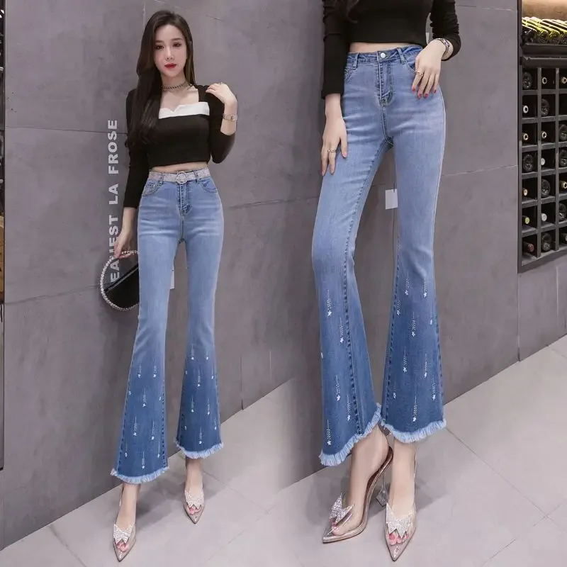 Брюки-Капри женские джинсовые с завышенной талией укороченные штаны-клеш