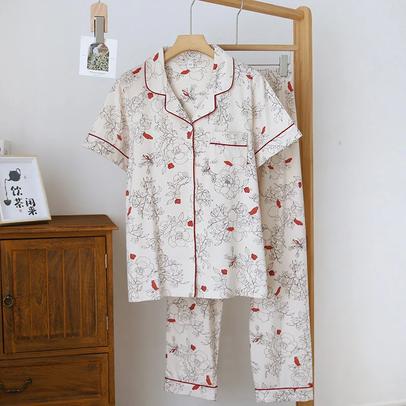 

Women's Knitted Cotton Peony Pajamas Summer Short Sleeve Pocket Home Clothes Suit Elastic Waist Pants Two-piece Womens Sleepwear