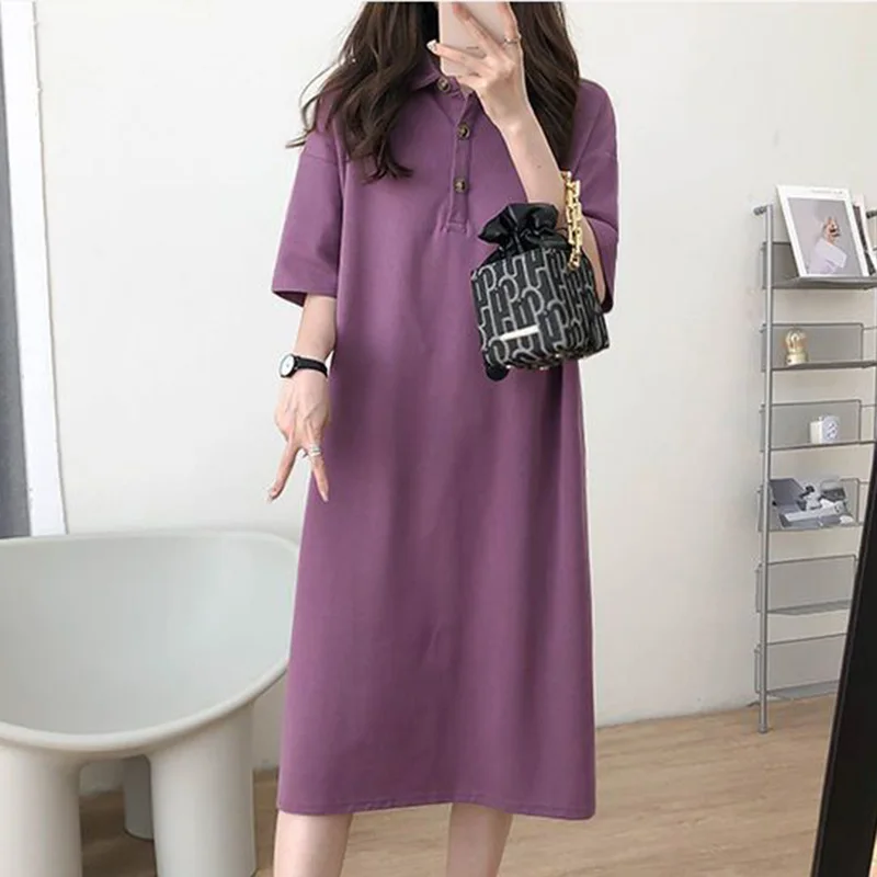Модное однотонное свободное платье миди в Корейском стиле на пуговицах с