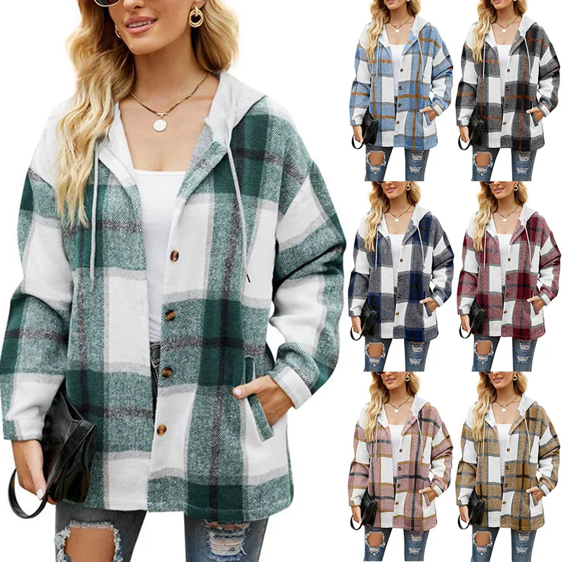 New Fashion Women's Plaid Shirt Jacket Hooded Casual Shacket Coats Simple Elegant Dressy Casual Jackets for Women Winter Clothes