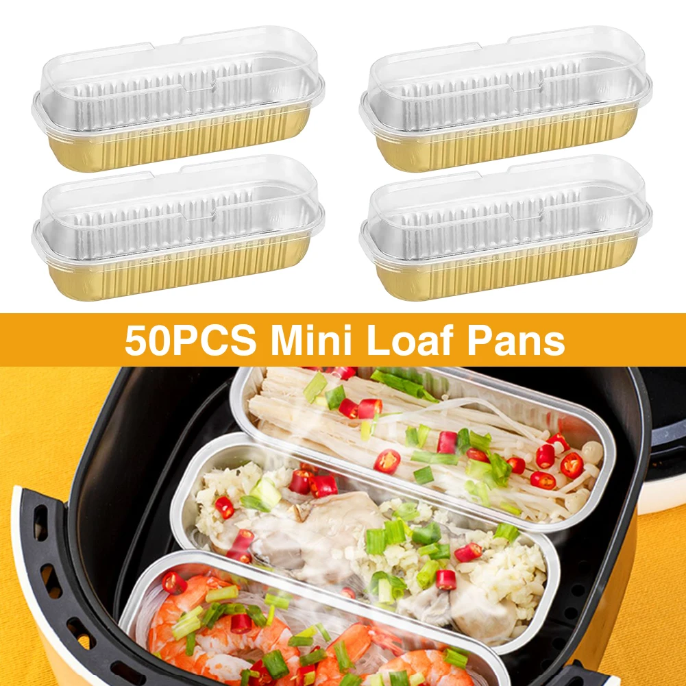 50pcs Mini Loaf Baking Pan Rectangle Cupcake 6.8oz 200ml Muffin Flans Disposable Aluminum Foil Cheesecake With Lids Brownie
