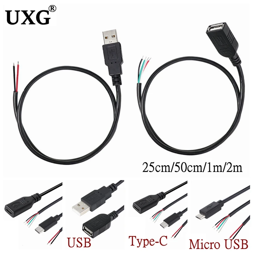 Micro USB 2.0 A Female Male Jack Power Supply Extension Cable 4 Pin 2 Pin 4 Wires DIY Data Line Charging Cord Type-C Wire 1m 2m