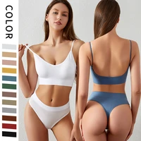 womens sports underwear two piece set plus size fitness camisole french triangle cup bra sexy thong women yoga workout clothes