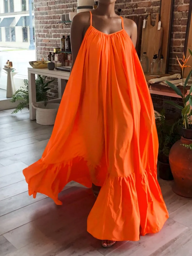 

hirigin Summer Dress Women Sexy Sleeveless Ruffled Maxi Long Dress Casual Loose Solid Pleated Beach Vestido Robe Plus Size