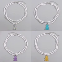 new transparent candy jelly bear pendant beaded necklace for women multilayer imitation pearls beads choker necklaces jewelry