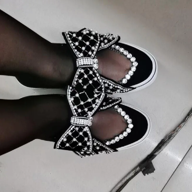 Spring New Summer Women Canvas Flats Fashion Girl Black Vulcanized Sneakers Pearl Beaded Butterfly Casual Shoes