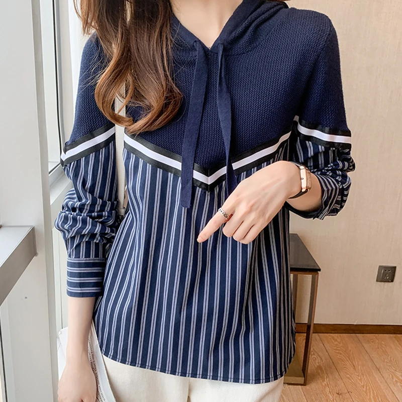 

Korean style women's Hoodies Fashion patchwork knitted pullovers Spring Autumn female Casual Hoodies Sweatshirts Tops