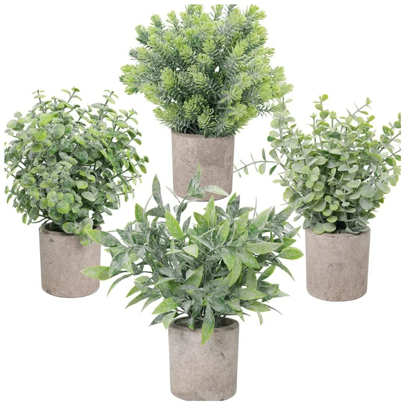 

Fake Plants 4 Pack Small Artificial Plants Mini Faux Eucalyptus Boxwood Greenery in Pots Little Potted Plant Decor