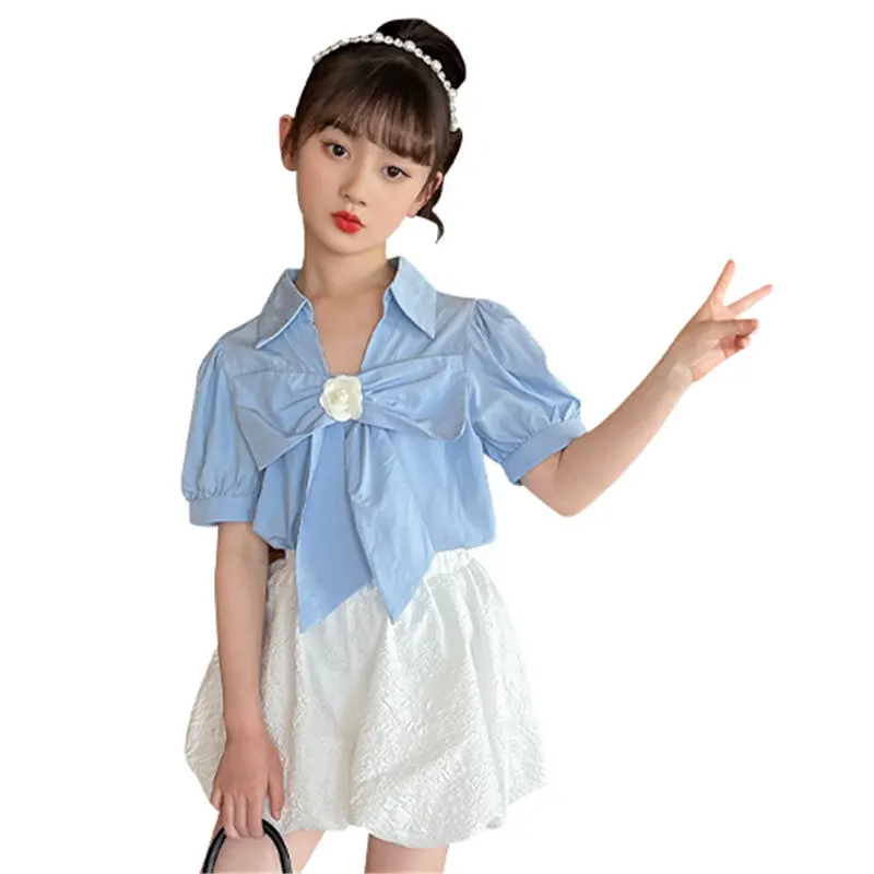 

2023 New Summer Girls Clothing Set Beautiful Bow Blouse Vest+Shorts Children Clothing Suit 2 Pieces Costume Suits 4-13Years Old