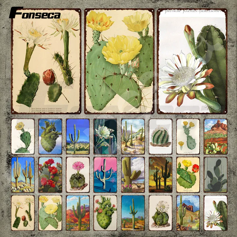 

Cactus Flower Metal Signs Tin Signs Succulent Vintage Tin Signs Decorative Iron Painting Metal Plate Plaque for Home Decoration