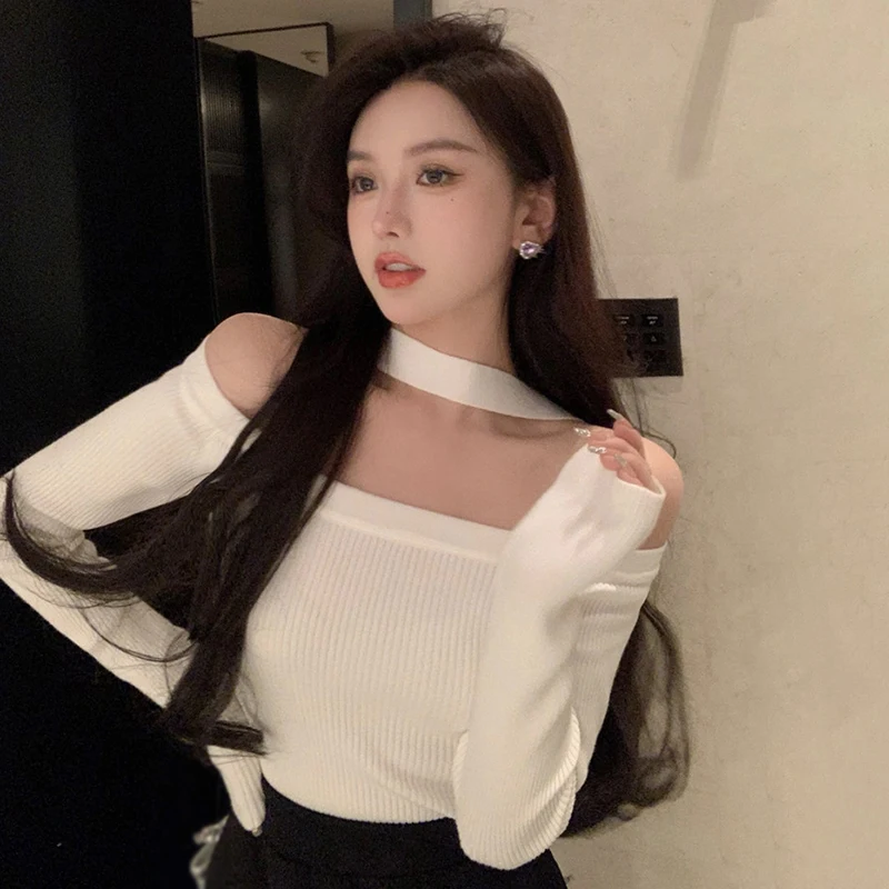 

Spring Autumn Women's Halter Neck Backless Loose Sweater Tops Women's Long Sleeve Cold Shoulder Sweater