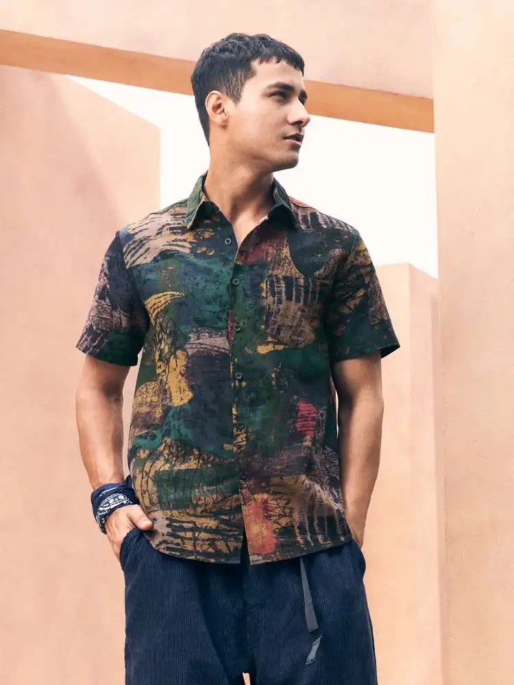 

CharmkpR Tops 2022 Handsome Men's Geometric Printed Patchwork Blouse Casual Hot Sale Male Ethnic Style Short Sleeve Shirts S-2XL
