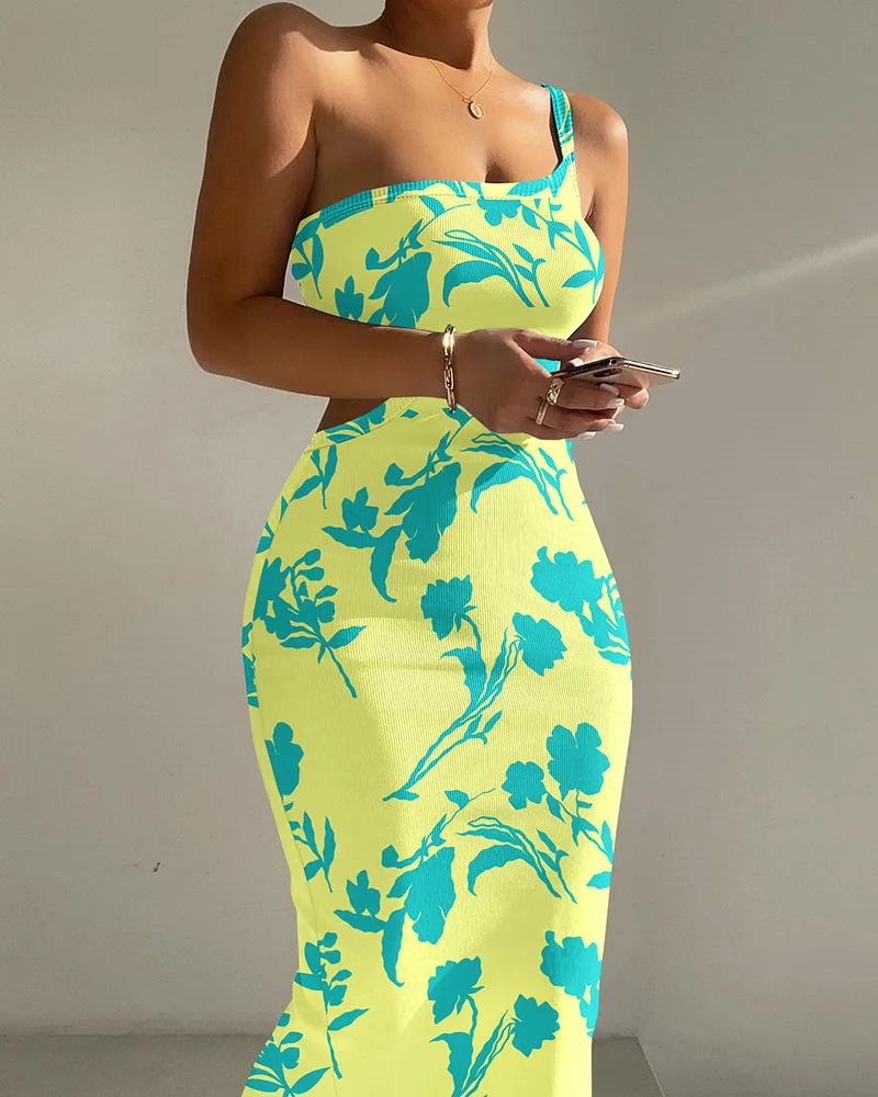 

Women Sheath Slim Summer Dress Spring Sleeveless Floral Print One Shoulder Cutout Ribbed Bodycon Dress Party Evening