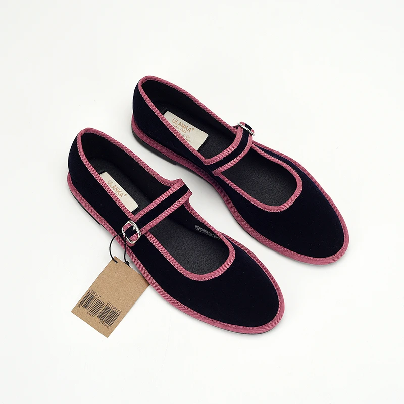 Босоножки женские бархатные с круглым носком винтажные балетки бордового