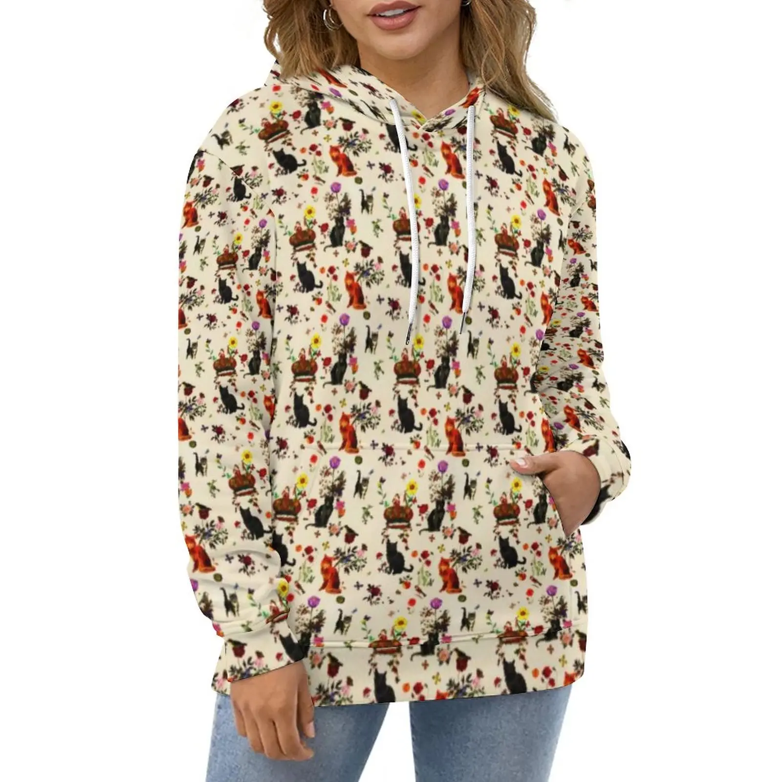

Black Cat Hoodies Long-Sleeve Vintage Bird Floral Print Retro Casual Hoodie Street Style Oversized Graphic Loose Sweatshirts