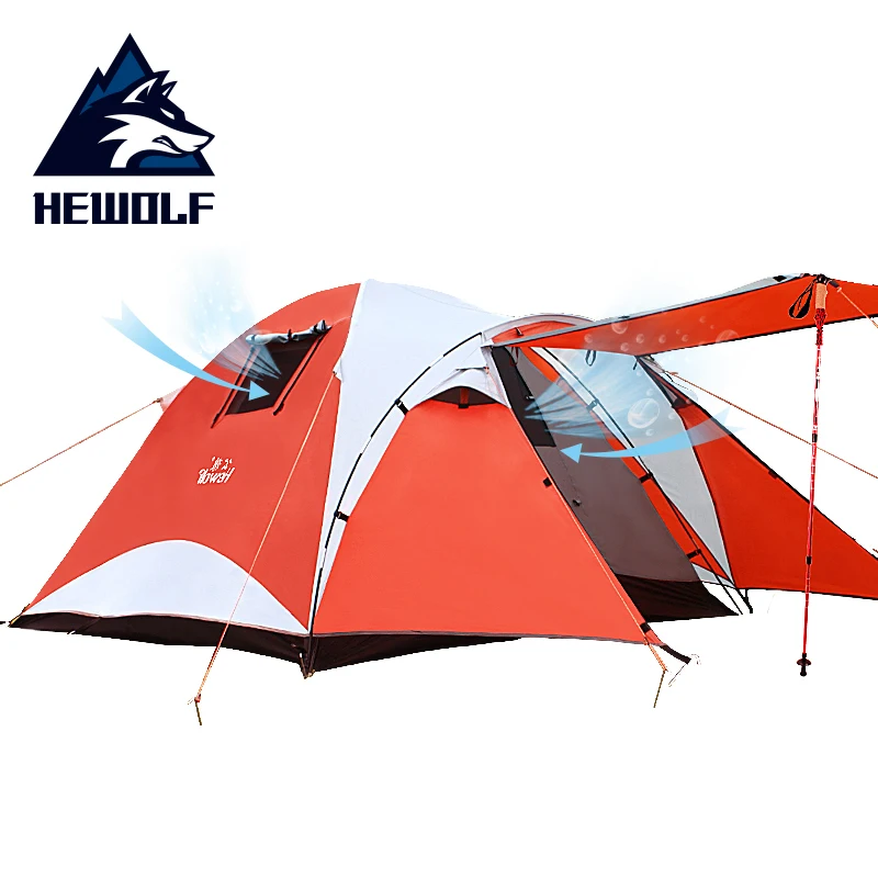 

Hewolf Outdoor Camping 3~4 Person Tent Waterproof Double Layer Aluminum Rod Rainproof Large Family Tourist Tents for Hiking