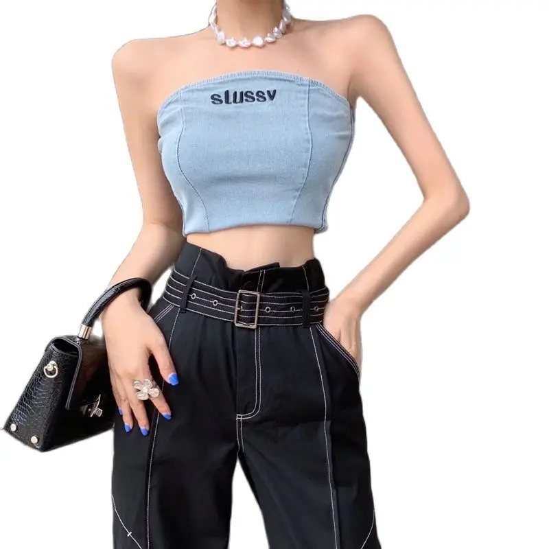 

European Fashion Tube Top for Sexy Girls Super Elastic Cotton Denim Sleeveless Women Tops Sleeveless Summer Design
