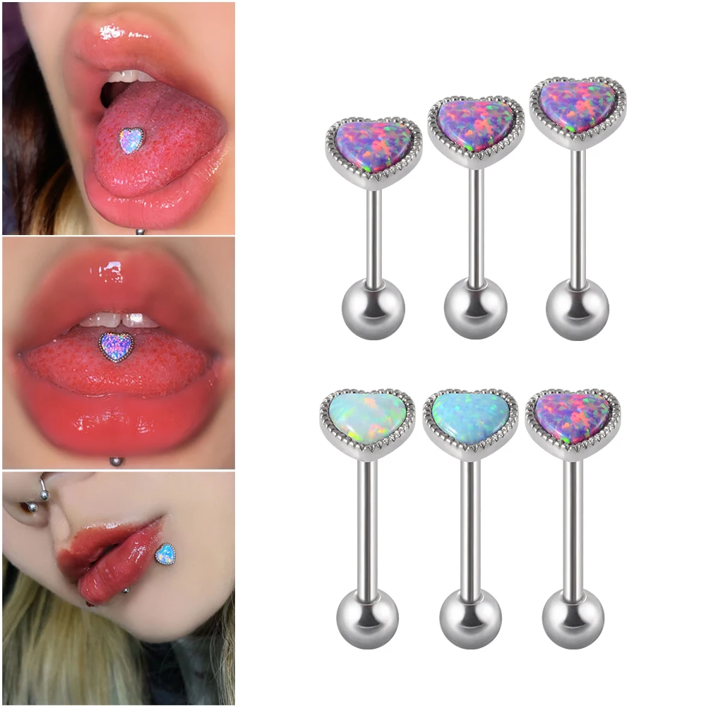 

1PC Anti-Allergy 361L Surgical Steel Colorful Opal Heart Tongue Rings Ear Studs For Women Gifts Body Piercing Jewelry