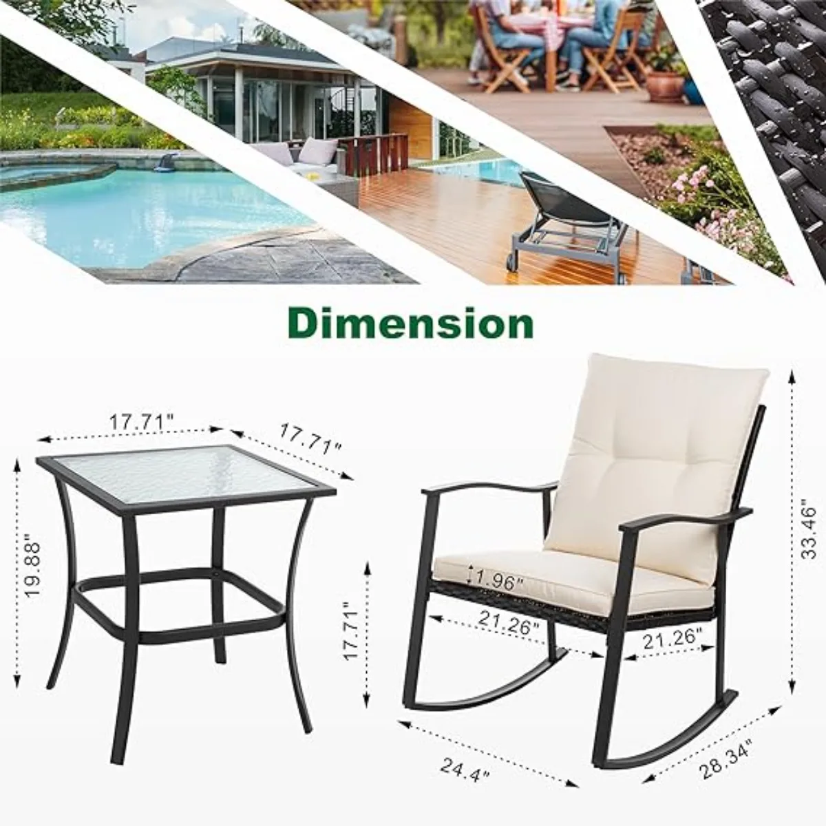 Shintenchi 3 Piece Rocking Bistro Set, Outdoor Furniture with Rocker Chairs and Glass Coffee Table Set of 3,Beige Cushion 2