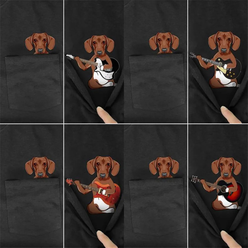 

CLOOCL Dachshund Guitar Pocket T-shirt Pet Dog Print Pullover Short Sleeve Round Neck Tops Casual Cotton Black Shirts Streetwear