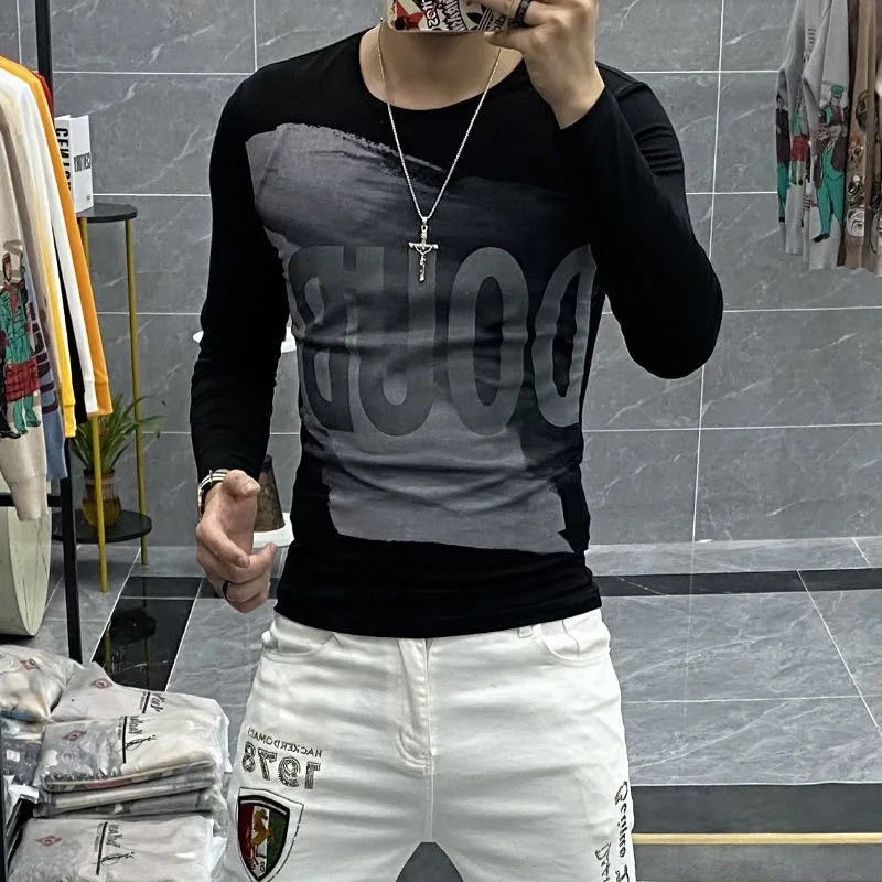 

Модная футболка с круглым вырезом и длинными рукавами с принтом букв, Мужская одежда, Новинка лета 2023, повседневные Пуловеры большого размера, Корейская футболка