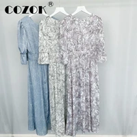 cozok japanese early autumn new vestidos fashion sweet a line half puff sleeve high waist 2022 women temperament print dresses