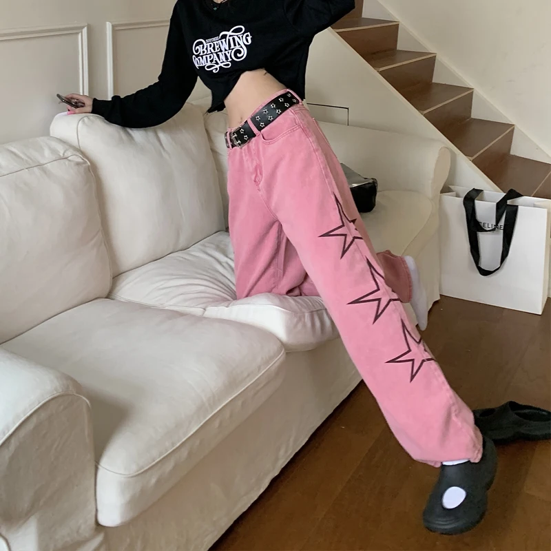 American Retro Pink Jeans Women Fashion Streetwear Star Print Wide Leg Pants Straight Denim Baggy Trousers Trend 2023 New